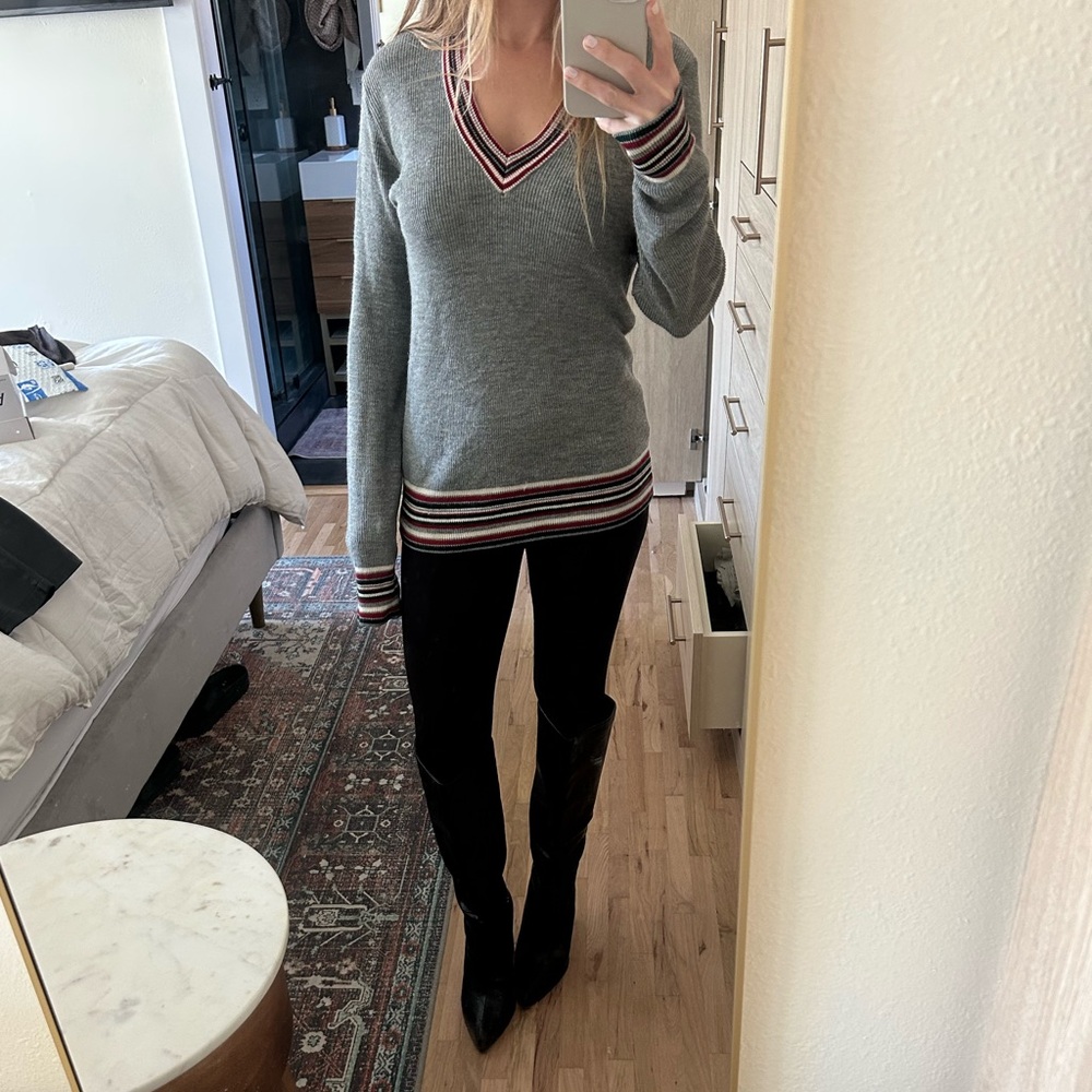 Lord & Taylor Gray V-Neck Sweater with Red and White Accents